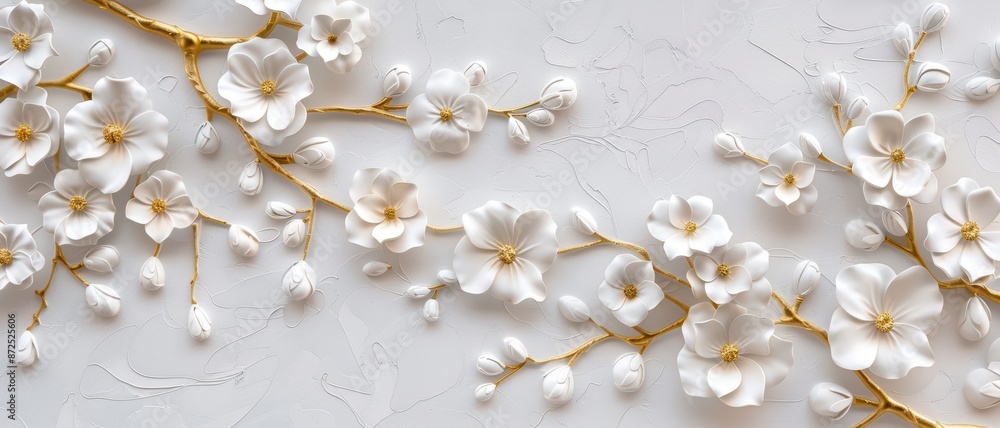 Elegant White Floral Wall Art with Golden Branches on Textured Background - Modern Home Decor Elegant White Floral Wall Art with Golden Branches on Textured Background - Modern Home Decor