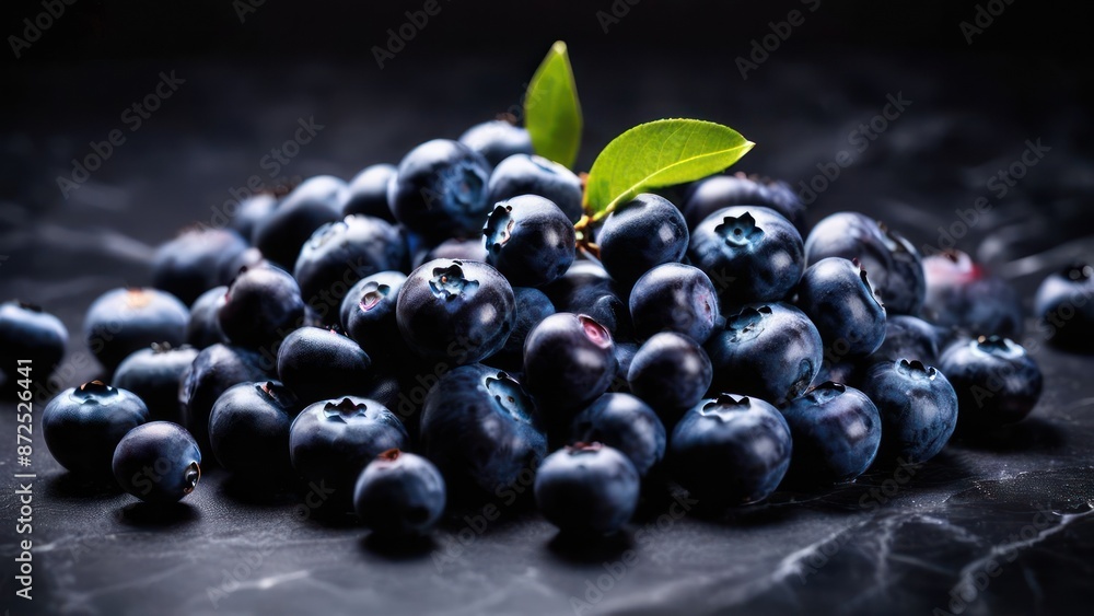 Dark Canvas Elegance, A Macro Glimpse of Blueberries with a Leaf Dark Canvas Elegance, A Macro Glimpse of Blueberries with a Leaf