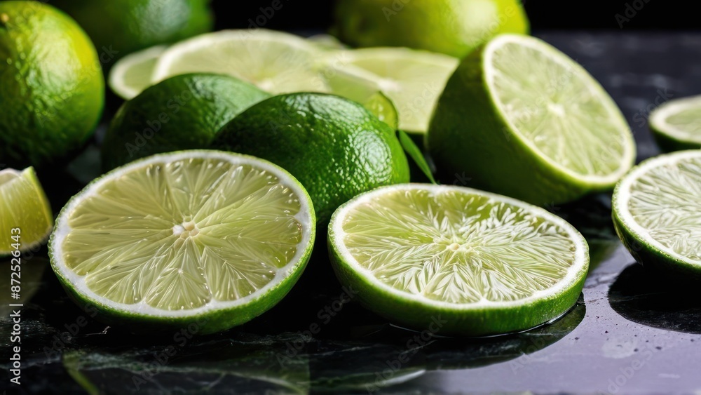 Fresh Lime Wedges Minimalism on Dark Grey Marble Backdrop Fresh Lime Wedges Minimalism on Dark Grey Marble Backdrop