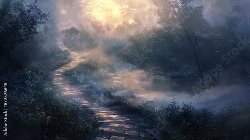 Pathway lit by the gentle light of sunrise, leading into a misty landscape © Patcharaphorn