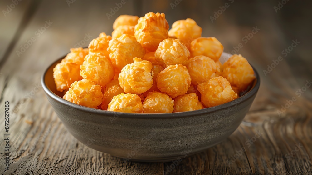 Bowl filled with delicious golden cheese puffs on rustic wooden table, perfect for snack time or a casual meal. Bowl filled with delicious golden cheese puffs on rustic wooden table, perfect for snack time or a casual meal.