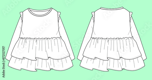 Girls crew neck long dress fashion flat sketch vector.  
