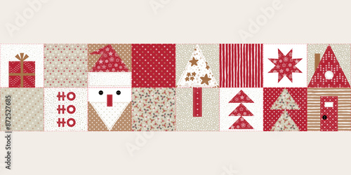 Christmas, New Year, Winter Holidays Seamless Banner. Patchwork Border. Decorative Abstract Geometric Mosaic Tape Pattern in Folk Style. Quilting pattern. Vector illustration.
