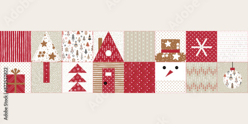 Christmas, New Year, Winter Holidays Seamless Banner. Patchwork Border. Decorative Abstract Geometric Mosaic Tape Pattern in Folk Style. Quilting pattern. Vector illustration.