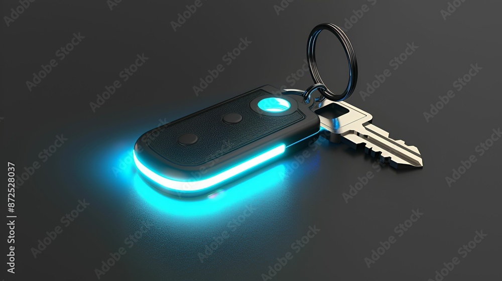 A modern key fob with glowing blue edges and a metal key, placed on a dark surface. A modern key fob with glowing blue edges and a metal key, placed on a dark surface.