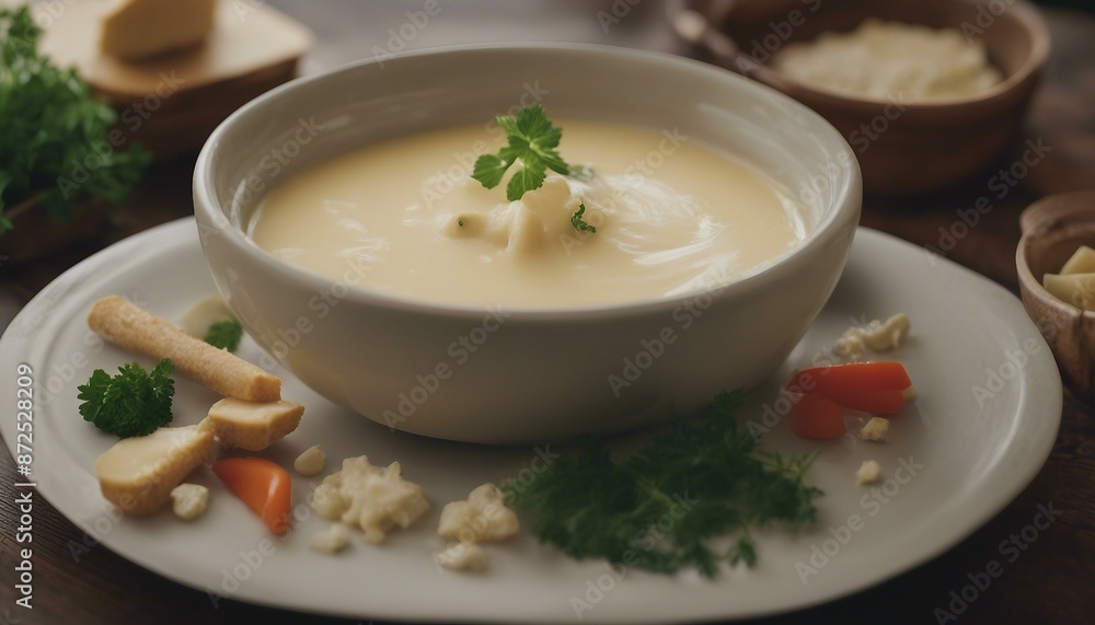 Here is an image description based on your prompt:
Warmly lit bowl of creamy cheese soup served on wooden table with fresh herbs and vegetables for garnish Here is an image description based on your prompt:
Warmly lit bowl of creamy cheese soup served on wooden table with fresh herbs and vegetables for garnish