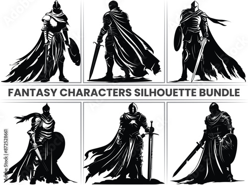 Fantasy Characters Silhouette Set, Mythology, Japanese Samurai, Warriors, and Swordsmen. Includes Samurai and Ninja Boys, Archery, and Military Figures Holding Swords for Protection.