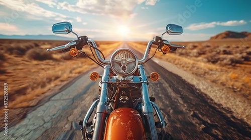 Close-up shot of a motorbike rider on the road with empty space around him and a background of desert and blue sky. Capturing the thrill of the ride in an open, expansive landscape