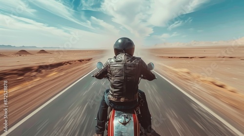 Close-up shot of a motorbike rider on the road with empty space around him and a background of desert and blue sky. Capturing the thrill of the ride in an open, expansive landscape