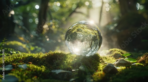 Ethereal Crystal Orb Floating Above Moss Covered Forest Floor with Dreamlike Light