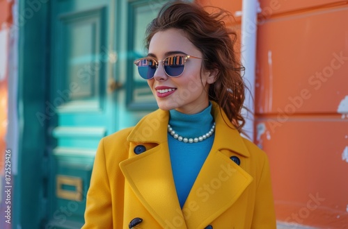 Woman Wearing Yellow Coat and Sunglasses in Urban Setting