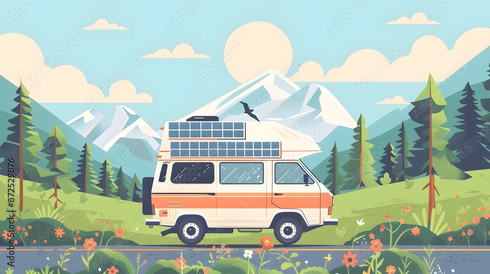 Obraz premium A white van with solar panels on the roof drives through a mountain valley on a sunny day.