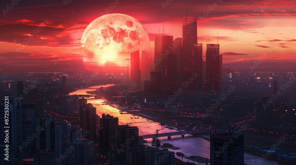 Fototapeta premium A city with a large red moon in the sky. Generate AI