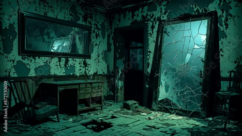 Abandoned room with broken mirror and decaying furniture. Urban decay and haunting concept