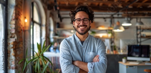 Smiling Man Wearing Glasses With Arms Crossed in Modern Office