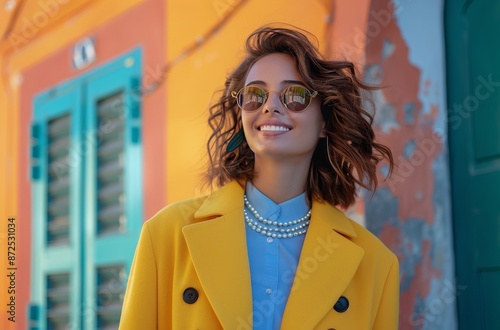 Woman Wearing Yellow Coat and Sunglasses in Urban Setting