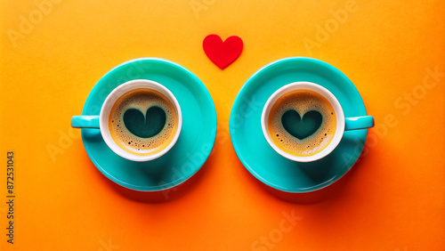 Two cups of coffee with heart-shaped foam and a red heart on an orange background. photo