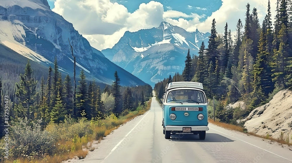 A blue camper van driving along a road surrounded by tall pine trees and snow-capped mountains, under a bright sky.
A blue camper van driving along a road surrounded by tall pine trees and snow-capped mountains, under a bright sky.