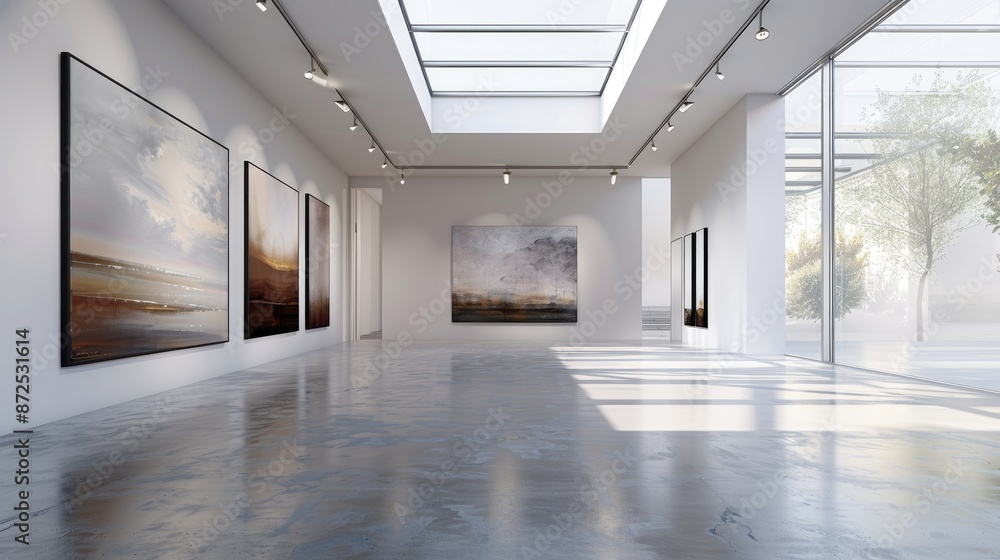 Modern Art Gallery Interior with Skylights and White Walls. Minimalist Display of Contemporary Paintings, Sunlit Exhibition Space with Panoramic Windows Modern Art Gallery Interior with Skylights and White Walls. Minimalist Display of Contemporary Paintings, Sunlit Exhibition Space with Panoramic Windows