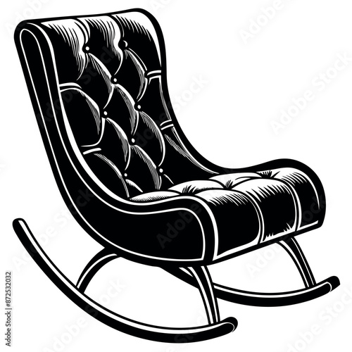 On a white background, a realistic black modern rocking chair made of steel and aluminum.