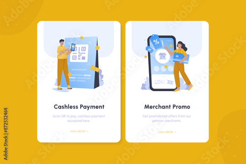 Cashless payment with scan QR and merchant promo vector illustration