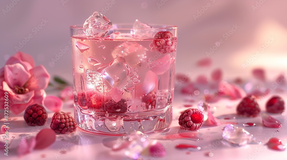 Pink Lady Drink with Ice Cubes and Raspberry on White Pink Lady Drink with Ice Cubes and Raspberry on White