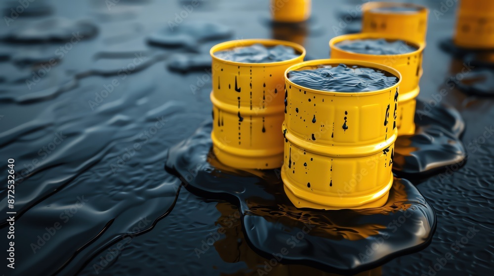 Fototapeta premium Several yellow oil barrels are leaking black oil onto a dark surface, illustrating the environmental hazards of oil spills and industrial pollution.