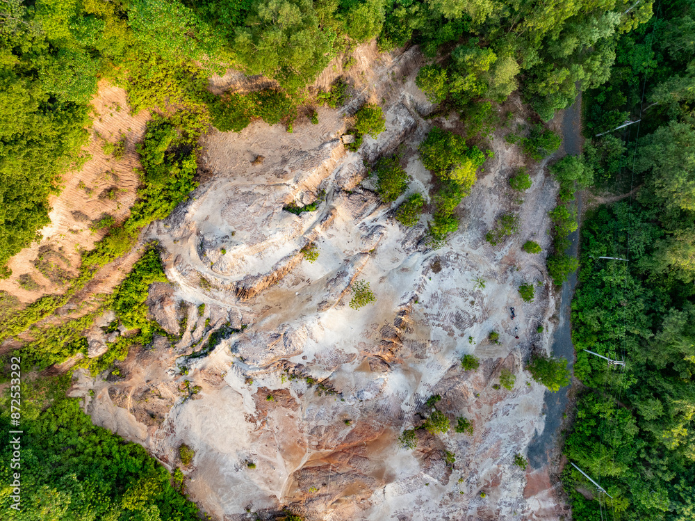 Obraz premium Mountain environmentally hazardous area,Top view tropical jungle natural landscape in Asia,Soil under condition of the erosion as the cliff by human