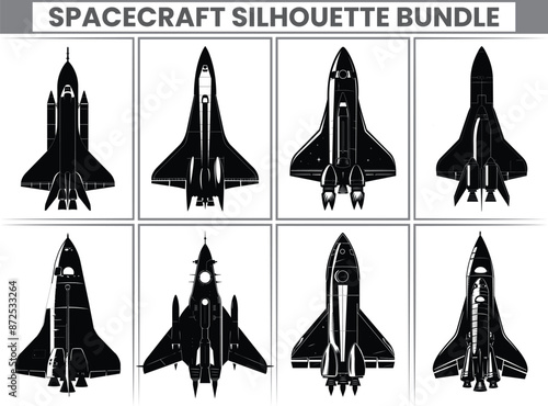 Spaceship and Spacecraft Silhouette Bundle Black space Rocket Icons and Emblems.