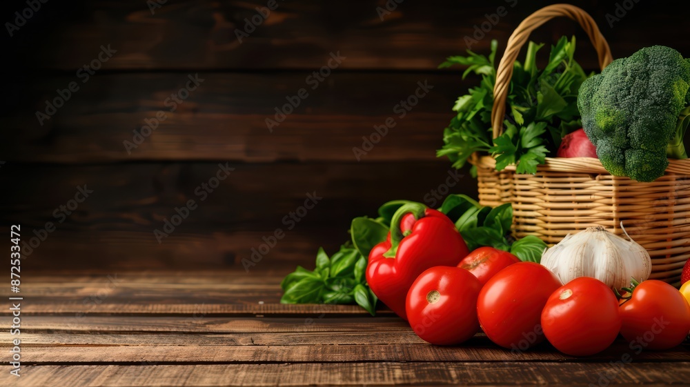 Fresh Organic Vegetables on Rustic Wooden Table with Basket in Background Fresh Organic Vegetables on Rustic Wooden Table with Basket in Background
