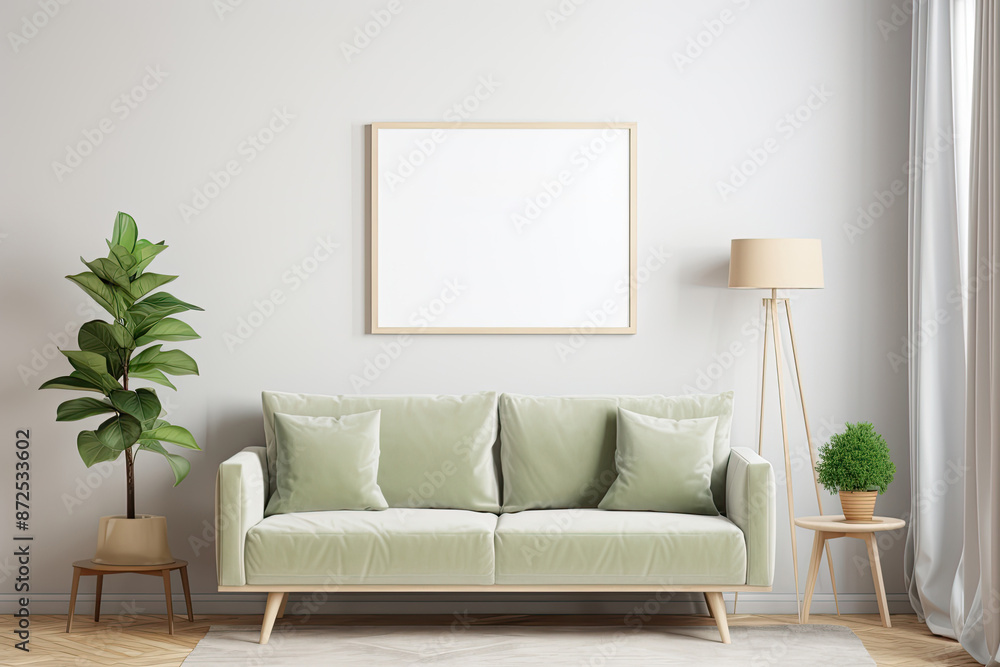 Blank Poster Mockup in Modern Living Room Home Decoration with Green Wooden Furniture, White Wall Abstract Background Blank Poster Mockup in Modern Living Room Home Decoration with Green Wooden Furniture, White Wall Abstract Background