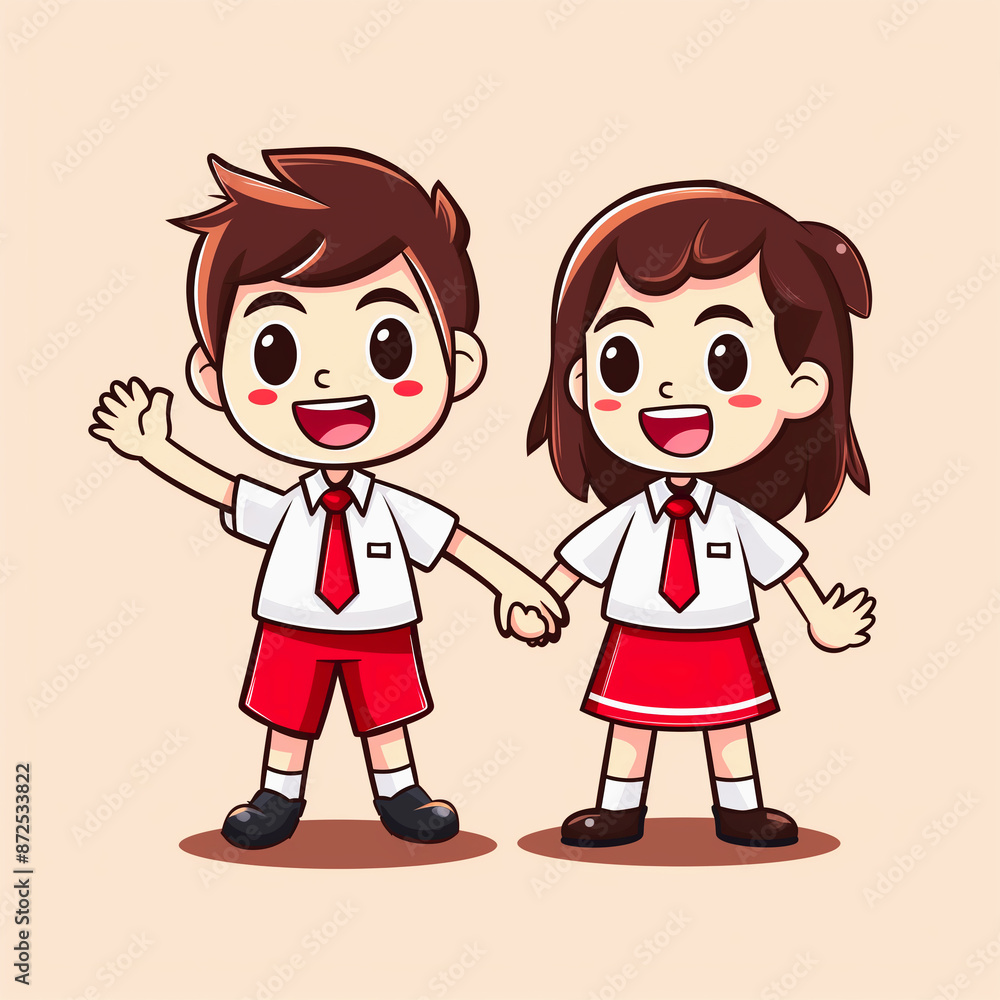 Indonesia elementary kids student cartoon wearing uniform. Indonesia elementary kids student cartoon wearing uniform.