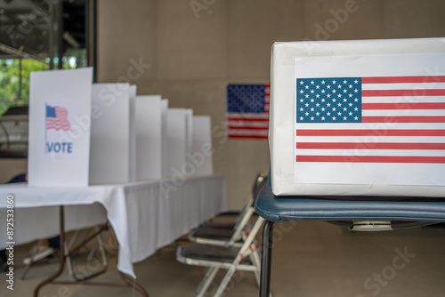 united states of america presidential election polling place, vote center, poll box and voting booth, us flag on the wall