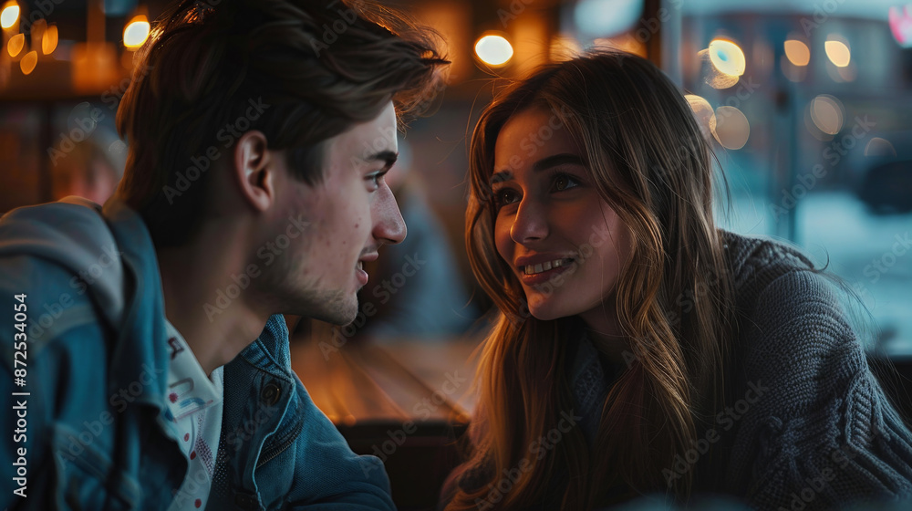Couple talking under tungsten lighting Couple talking under tungsten lighting