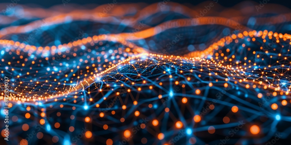 The image shows a glowing network of interconnected nodes. The image shows a glowing network of interconnected nodes.