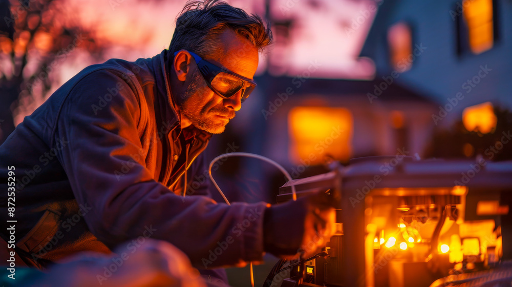Dedicated Electrician Working on Outdoor Electrical Equipment at Dusk Dedicated Electrician Working on Outdoor Electrical Equipment at Dusk