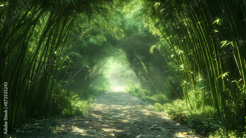 A bamboo grove with tall, slender stalks creating a natural tunnel of green leaves. The peaceful ambiance is enhanced by the gentle rustling of the bamboo in the wind.