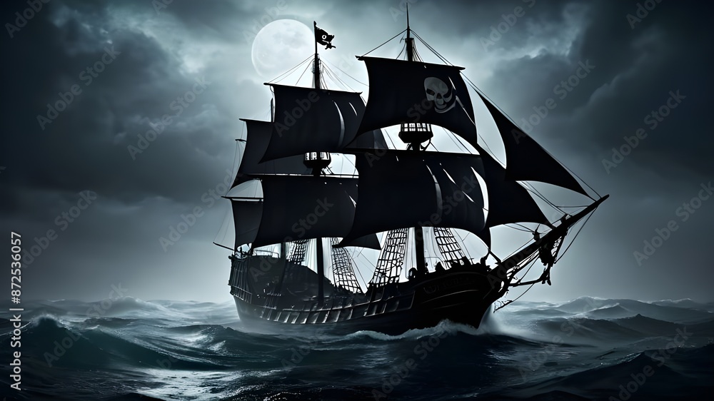 Obraz premium illustration of pirates ship in the dark foggy sea (artwork 3)
