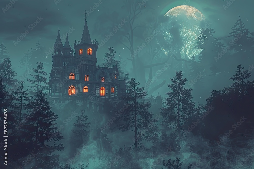 Spooky Halloween Night with Haunted Mansion in Foggy Forest Under Full Moon Moonlight Landscape Scene Spooky Halloween Night with Haunted Mansion in Foggy Forest Under Full Moon Moonlight Landscape Scene