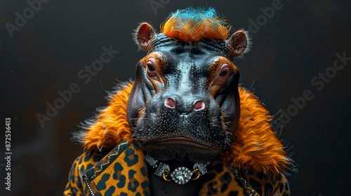 A Pygmy Hippopotamus With An Orange And Blue Mohawk Hairstyle, Wearing A Leopard Print Vest Top And A Diamond Necklace Around Its Neck