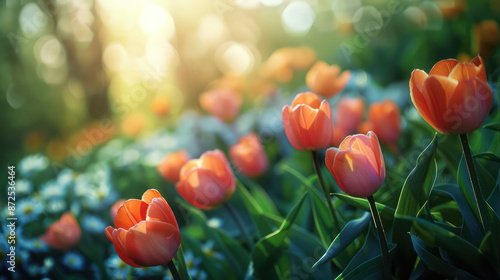 Tulip garden, first blooms, renewal of life. Colorful beautiful fall  amazing dreamy romantic artistic image spring nature flowers magical in sunny garden.