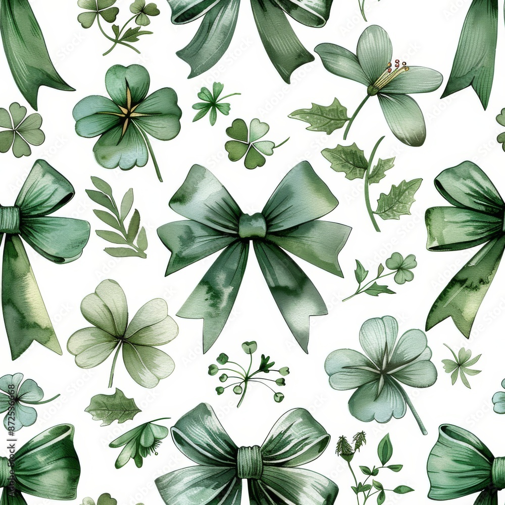 Obraz premium watercolor Green ribbon bows with shamrocks, arranged in a repeating pattern on a white background, decorative and festive, minimal, seamless repeating pattern