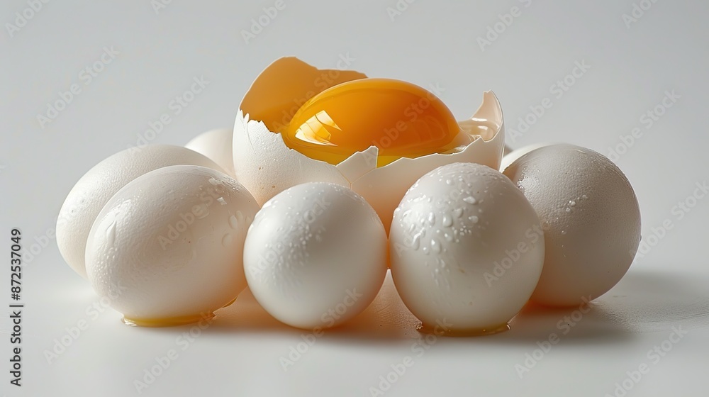A Cluster of Eggs, One Broken Open Revealing the Bright Yellow Yolk A Cluster of Eggs, One Broken Open Revealing the Bright Yellow Yolk