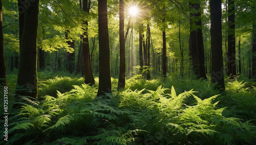 the serene beauty of a sunlit green forest