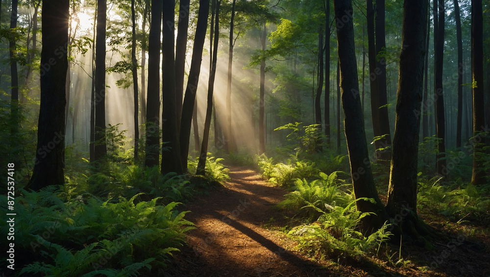 Obraz premium the serene beauty of a sunlit green forest