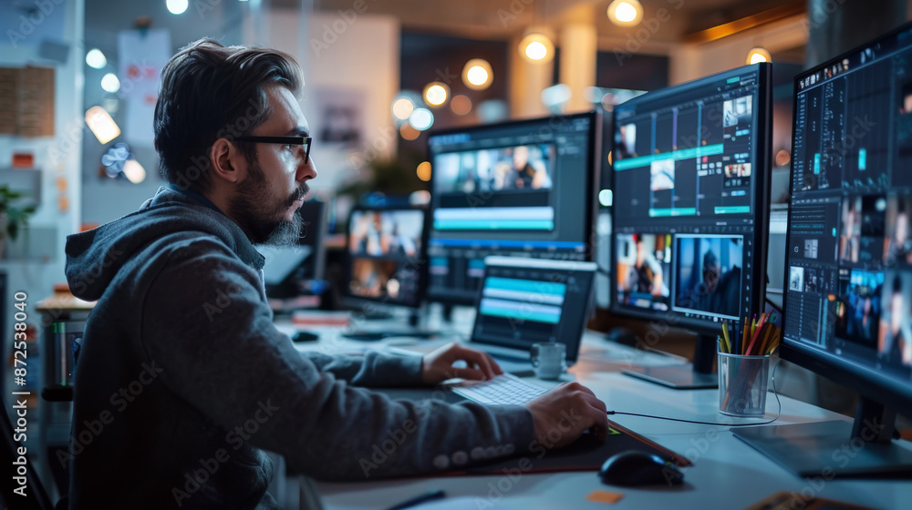 Video editor at work in professional setting Video editor at work in professional setting