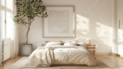 Natural Comfort bedroom. Terracotta Hues and Empty Frames