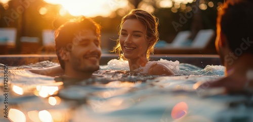 Couple Relaxing in a Hot Tub During Sunset at a Resort