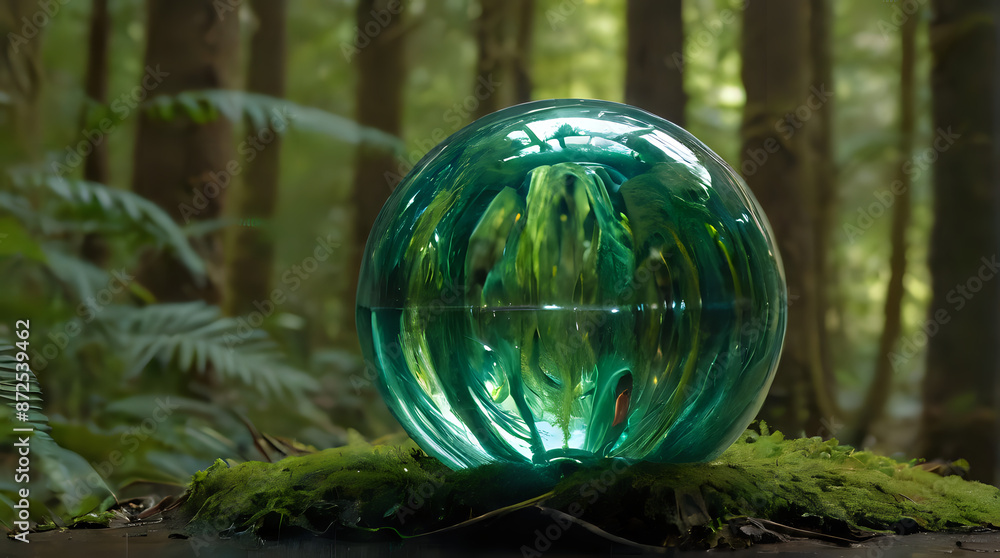 a green glass ball sitting on a mossy surface a green glass ball sitting on a mossy surface