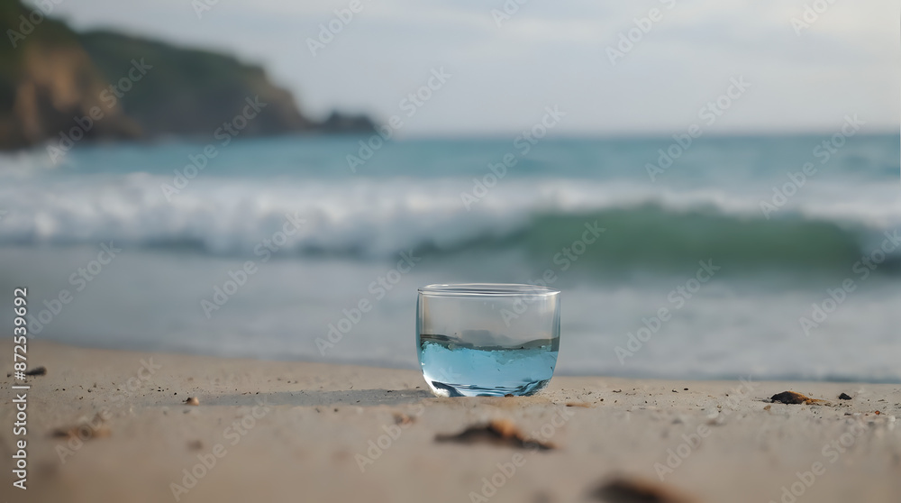 Naklejka premium a glass of water sitting on the beach near the ocean